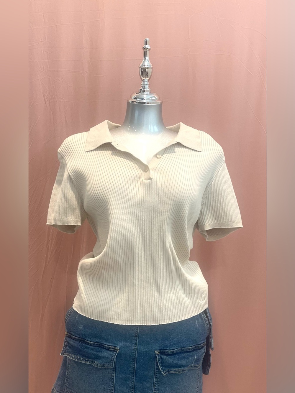Calvin Klein Women's Ribbed Short-Sleeve Polo Top - Creamy